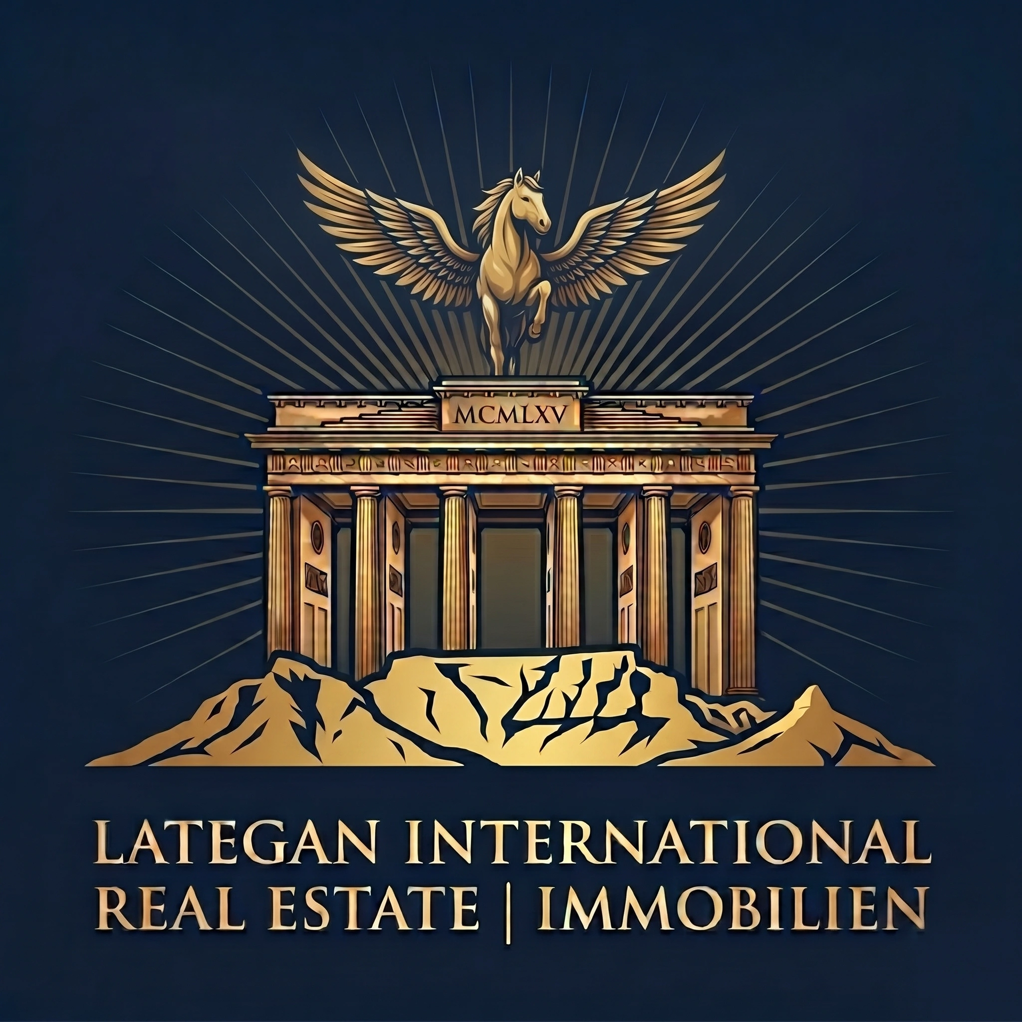 Lategan International Real Estate · Logo mit Brandenburger Tor, Pegasus und Tafelberg